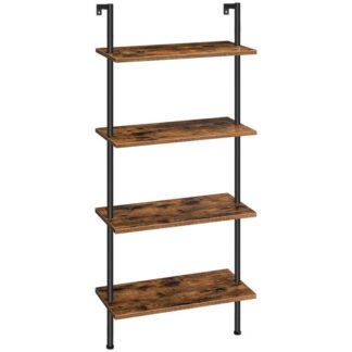 DIY Ladder Shelf, 4-Tier Wall Mounted Bookshelf, Office Vertical Bookcase, Wooden Storage Shelves for Home Office, Bedroom, Rustic Brown and Black
