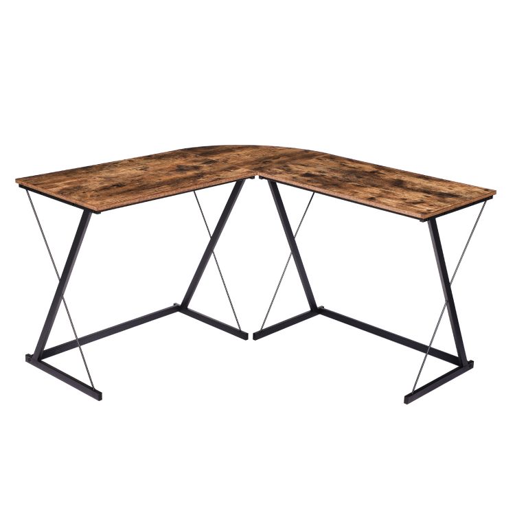 l-shaped computer desk, z-shaped corner writing desk, space-saving study pc table workstation for home office, stable gaming desk, industrial, rustic brown