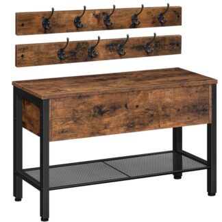 ławka do przechowywania butów, Buty stojak z górną skrzynką do przechowywania, utrzymuje 240 funty, wieszak na buty, wieszak na ubrania, drzewo halowe, przedpokój, sypialnia, korytarz, przemysłowy, rustykalny brąz i czarny