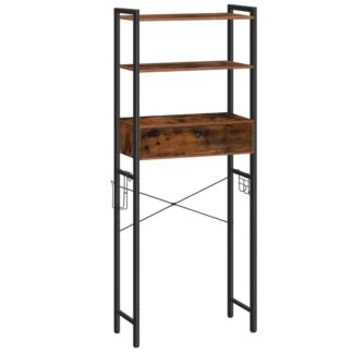 A WC-tároló felett, 3 Szintű fürdőszoba szervező polc fiókokkal, Szabadon álló fürdőszoba helymegtakarító WC -papír- és horoggal, Helytakarékosság, Rusztikus barna