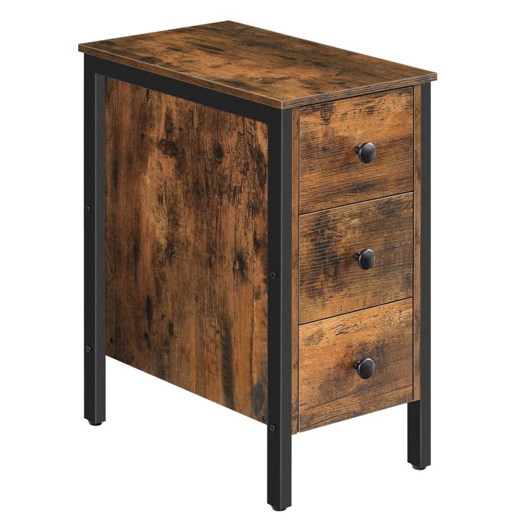 narrow nightstand, end table with 3 drawers, retro industrial style end table for small spaces, living room, bedroom, easy assembly, rustic brown