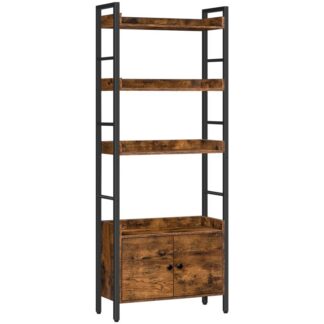 4-tier bookshelf with doors, industrial wooden bookcase with storage, storage shelf with protective rails, for living room, home office, rustic brown and black