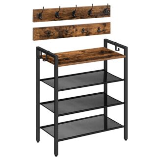 Sapateira, 4 Organizador de armazenamento de sapatos de camada com ganchos, Conjunto de móveis de entrada, 3-Design em 1, Móveis de madeira com estrutura metálica, para corredor, Armário, Marrom Rústico