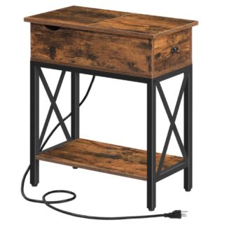 Tábla Deireadh Caol le Stáisiún Luchtaithe, Seastán oíche le tarraiceán & Calafoirt USB & Asraonta Cumhachta, Tábla taobh barr smeach le haghaidh spásanna beaga, Seomra Maireachtála, Seomra leapa, Cobhsaí agus Sturdy, Donn Rustach