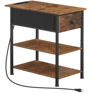 tavolino con cassetto e ripiano, tavoli laterali stretti con stazione di ricarica, Tavolo di divano sottile con cassetto non tessuto, comodino comodino con scaffali, per piccoli spazi, soggiorno