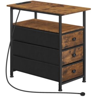 Slim Bedside Table with Charging Station, Narrow Side Table with 3 Non-Woven Fabric Drawers, Side Table with USB Ports and Power Outlets, for Small Spaces, Rustic Brown and Black