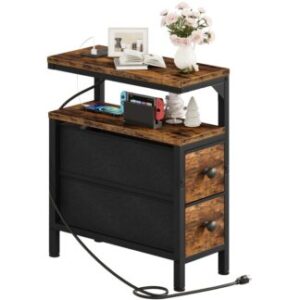 Rustic Brown and Black Side Table with Charging Station, Vintage Narrow End Table with 2 Fabric Drawers, Skinny Nightstand with Storage, Slim Bedside Table for Living Room, Small Spaces