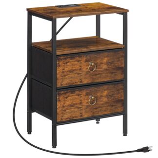 nightstand with charging station, fabric drawers, 2-tier side table, end table with socket and usb ports, bedside table for bedroom, study room, rustic brown and black