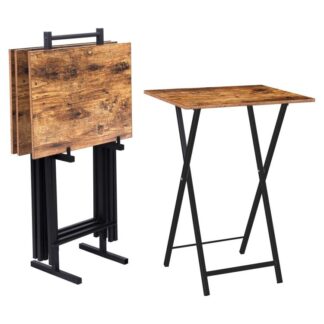 Складывание телевизионных столов для подносов, набор из 4 телевизионные лотки со стойкой для хранения, Промышленный боковой стол для еды на диване, Складной закусок для небольшого пространства, Легкая сборка, деревенский коричневый и черный