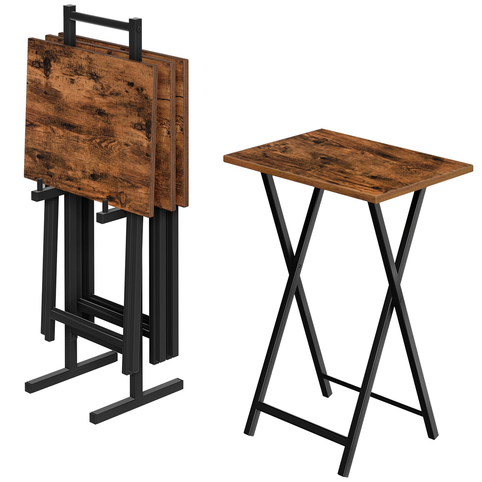 Skladacie stolíky pod TV (Sada 4) with Storage Rack, Industrial-Style Side Tables, Foldable Snack Tables for Small Spaces, Jednoduchá montáž, Rustikálna hnedá & Čierna