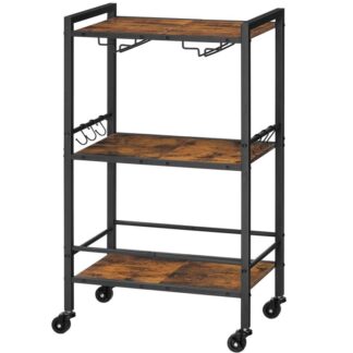 Bar Cart for The Home, 3-Tier Kitchen Cart with Glass Holders, Serving Cart with Lockable Wheels, Rolling Beverage Cart with 6 Hooks, for Kitchen, Dining Room, Rustic Brown and Black