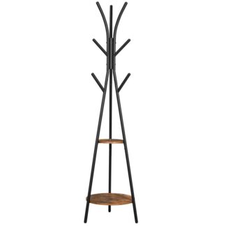 Отдельно стоящее дерево стойки 2 Полки для хранения и 9 Крючны деревенские коричневые и черные