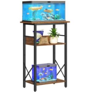 Small Aquarium Stand, Rustic Brown 3-Tier Fish Tank Stand with Storage, Industrial Reptile Turtle Tank Stand with Metal Frame
