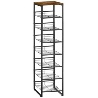 Полка для обуви, Узкая полка для обуви, Высокая полка для обуви, 8-Ярусный органайзер для хранения обуви, Тонкое хранилище для обуви с регулируемой металлической полкой, Вертикальная обувная башня для входа, Промышленный, Рустик Браун