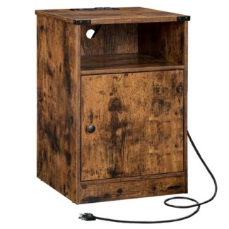 Szafka nocna ze stacją ładującą, Stada nocna z szafką do przechowywania & Porty USB & Otwarty, Stolik końcowy do małych przestrzeni, Stabilny i wytrzymały, do salonu, Sypialnia, Rustykalny brąz