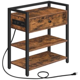 طاولة نهاية ضيقة مع محطة شحن, منضدة مع منافذ USB & منافذ الطاقة, طاولة جانبية مع أرفف تخزين ودرج للمساحات الصغيرة, غرفة الاستقبال, غرفة نوم, ريفي براون