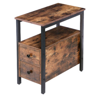side table, end table with 2 drawer and open storage shelf, narrow bedside table for small spaces, stable and sturdy construction, rustic brown