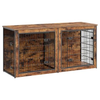 Dual-Dog Crate Furniture, 160cm Large Double Dog Kennel with Removable Divider, Wooden Indoor Pet Crate TV Stand for Medium to Large Dogs, Rustic Brown