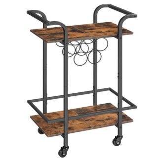 Carrinho de bar para a casa, 2-Carrinho de servir de camada com rack de vinho, Carrinho de cozinha com rodas trancadas, Carrinho de vinho rolante para sala de estar, festa, bar,marrom rústico e preto