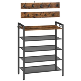 Sapateira, 5 Organizador de armazenamento de sapatos de camada com ganchos, Conjunto de móveis de entrada, 3-Design em 1, Móveis de madeira com estrutura metálica, para corredor, Armário, Marrom Rústico