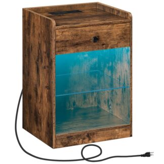 Stada nocna ze stacją ładowania i światłami LED, stół boczny z szufladą i półką do przechowywania, Tabela końcowa z portami i gniazdkami USB, dla małej przestrzeni, sypialnia, Rustykalny brąz