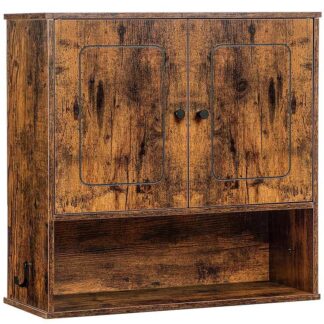 medicijnkastje, wandkast met 2 deuren en verstelbare plank, houten opbergkast, Medicijnkastorganisator met metalen haken, voor keuken, woonkamer, rustiek bruin