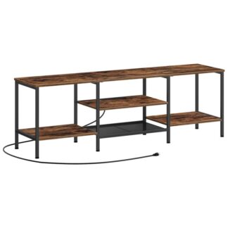 телевізійна підставка з пунктами живлення 75 дюймів, Стіл консолі телевізора з шафою відкритих полиць для зберігання, Центр розважальних медіа -розважальних медіа для спальні для вітальні, сільський коричневий і чорний