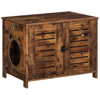 Rustik Kahverengi Gizli Kedi Çöp Kutusu Muhafazası, Çift havalandırmalı deklanşör kapılarına sahip vintage ahşap evcil hayvan mobilyaları, kapalı nefes alabilen kedi kumu tuvalet, Çoğu kediye uyuyor