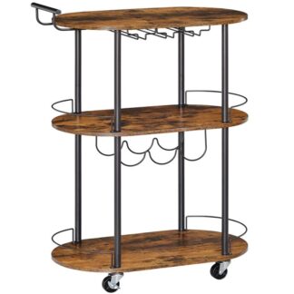 Wózek barowy do domu, 3-Poziomy wózek na wino z zamykanymi kółkami, Wózek kuchenny na kółkach ze stojakiem na wino i uchwytami na kieliszki do kuchni, Salon, Jadalnia, Rustykalny brąz i czerń