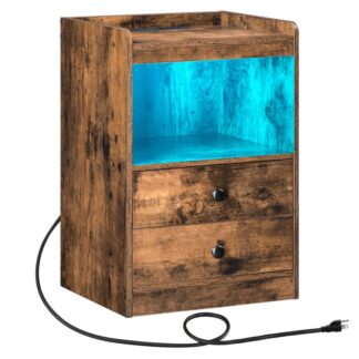 Şarj istasyonu ve LED ışık ile komidin, Çekmeceli ve Depolama Rafı ile Bitiş Tablosu, USB bağlantı noktaları ve çıkışları olan yan masa, küçük alan için, yatak odası, rustik kahverengi