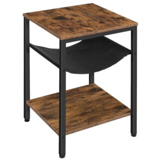 side end table, nightstand with magazine rack storage, retro industrial style beside table, easy assembly, wooden look accent furniture with metal frame, rustic brown and black