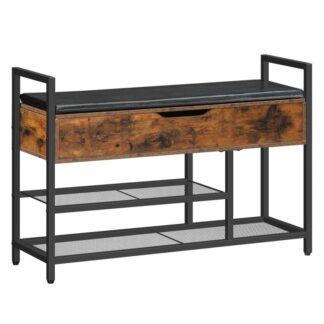 Schong Bänk, Entrée Bank mat Lift Top Späicherkëscht, 2-Tier Shoe Rack Lagerbänk mat Këssen fir Entrée, Wunnzëmmer, Schlofkummer, Gang, Schwaarz a rustikal brong