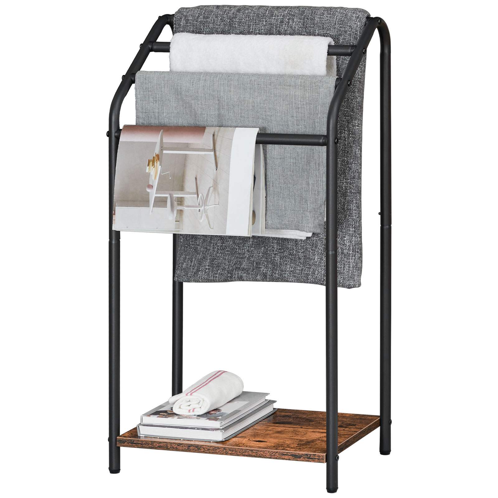 Voľne stojaci stojan na uterák, 4-Stojan na prikrývky, Multifunkčné sušenie & Display Rack for Towels, Quilts & Toiletries, Suitable for Bathroom, Obývacia izba, Spálňa & Kuchyňa, Rustikálna hnedá & Čierna