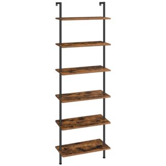DIY Ladder Shelf Organzier, 6-Tier Wall Mounted Bookshelf, Office Vertical Bookcase, Wooden Storage Shelves for Home Office, Bedroom, Rustic Brown and Black