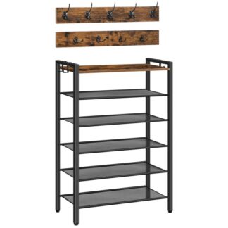 Sapateira,6 Organizador de armazenamento de sapatos de camada com ganchos, Conjunto de móveis de entrada, 3-Design em 1, Móveis de madeira com estrutura metálica, para corredor, Armário, Dormitório, Marrom Rústico