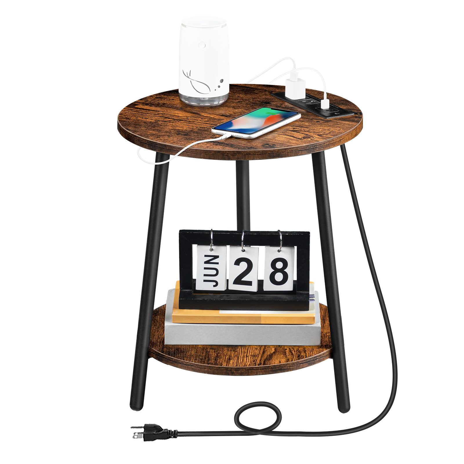 Tavolino rotondo con stazione di ricarica, 2-Tavolino piccolo di livello, Tavolo d'accento circolare per soggiorno e camera da letto, Marrone rustico