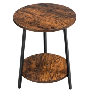 Kulatý boční stůl, Rustikální stolní stolk s úložným stolem s úložnou policí, 2-Kovový kulatý přízvukový stůl pro malé prostory, Obývací pokoj, Ložnice, Moderní styl, Rustikální hnědá a černá