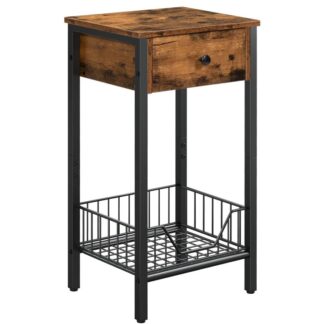 منضدة طويلة, طاولة نهاية مع درج وسلة فولاذية شبكية سوداء, طاولة سرير جانبية, جدول الهاتف النهائي الصناعي للدراسة, غرفة نوم, توفير المساحة, بني ريفي أسود