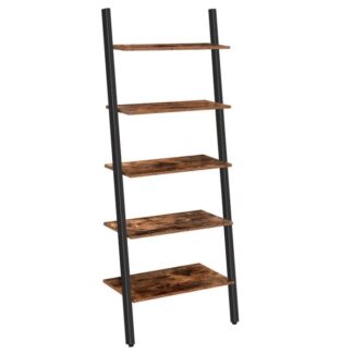 ladder shelf stand, 5-tier bookshelf rack shelf, industrial plant flower stand shelves, leaning-against-wall storage rack for living room, kitchen, office, metal frame, rustic brown