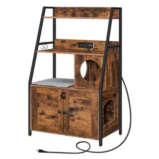 litter box enclosure with 2 storage shelves, indoor tall cat litter box furniture hidden with charging station with cat house and plush mat, rustic brown and black