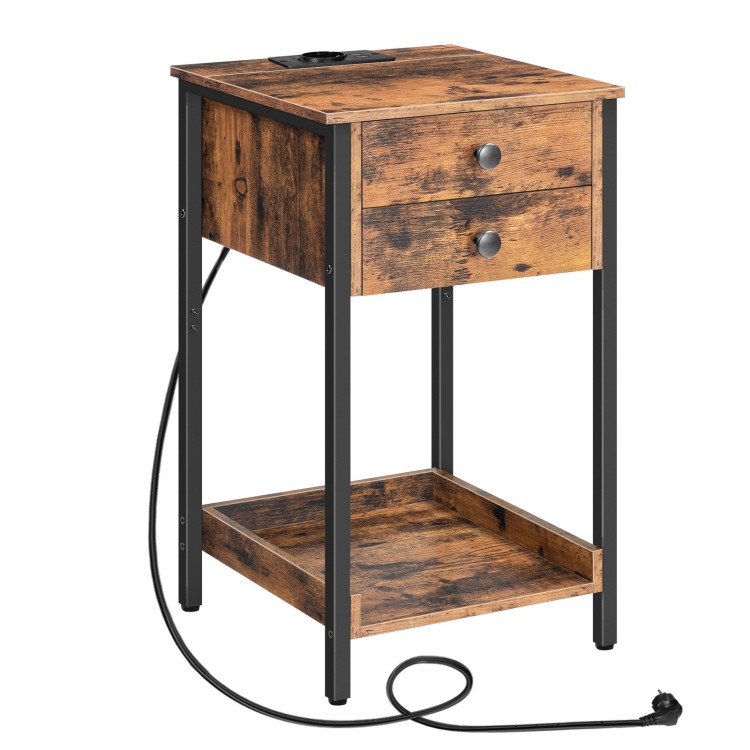 Bedside Table with Socket, Tall Coffee Table with 2 Drawers for Bedroom, Living Room, Vintage Brown and