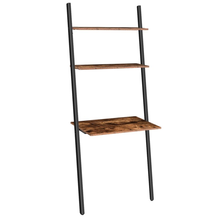 ladder computer desk, small home office writing desk with bookshelf, industrial ladder shelf, sturdy metal frame, space-saving workstation, easy assembly, rustic brown