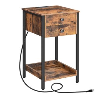 منضدة مع محطة شحن, طاولة نهاية طويلة, طاولة جانبية مع الأدراج ورف التخزين, طاولة الهاتف لغرفة النوم, توفير المساحة, التجميع سهل, بني ريفي أسود