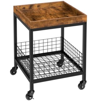 Seitentisch, Endtisch mit Drahtnetzkorb und Rizinus, Tablett, Rollender quadratischer Nachttisch, kleiner Snacktisch, stabil, für Wohnzimmer, Küche, Schlafzimmer, industriell, rustikales Braun