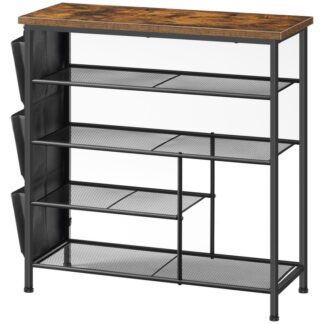 Shoe Rack, 5-Tier Shoe Organizer, Shoe Storage Rack with Side Hanging Pockets, Shoe Storage Organiser, Industrial Shoe Storage Unit for Entryway, Metal Frame, Rustic Brown and Black