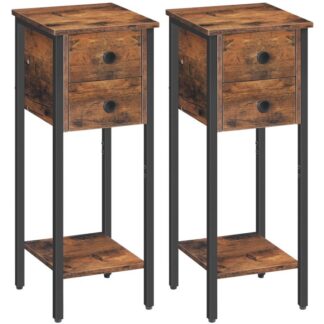 square tall bedside table, slim bedside table set of 2, small telephone table with 2 drawers, side table with metal frame, small nightstand with open shelf, rustic brown and black