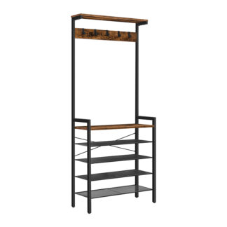 Hallenbaum mit Bank, Garderobe mit Schuhablage, Schuh- und Garderobenständer, 5-Tiereingangsschuhspeicher, 5 Haken, für 12-16 Paare, industriell, Flur, Foyer, Schlammraum, rustikales Braun