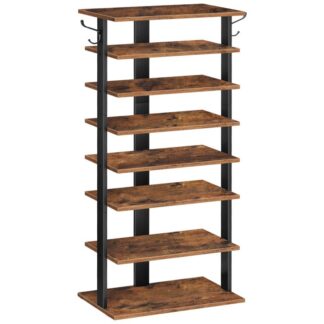 Vertical Shoe Rack, 8-Tier Shoe Storage Organizer with Hooks, Narrow Shoe Rack for 16 Pairs, Space Saving, Stable and Strong, for Entryway, Closet, Living Room, Bedroom, Rustic Brown