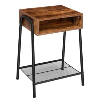 منضدة سرير, طاولة النهاية الصناعية مع مقصورة مفتوحة ورف شبكي, طاولة بجانب السرير لمساحة صغيرة في غرفة المعيشة غرفة النوم, طاولة لهجة الشكل الخشبي, بني ريفي