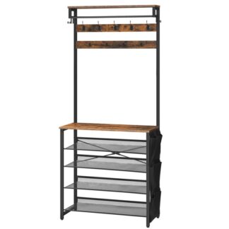 Hall Tree med bænk, Entryway coat rack med skostativ, Sko og frakke stativ, 5 Tier Shoe Storage Organizer med Oxford Fabric Side Pockets, Justerbare meshhylder, Rustik brun